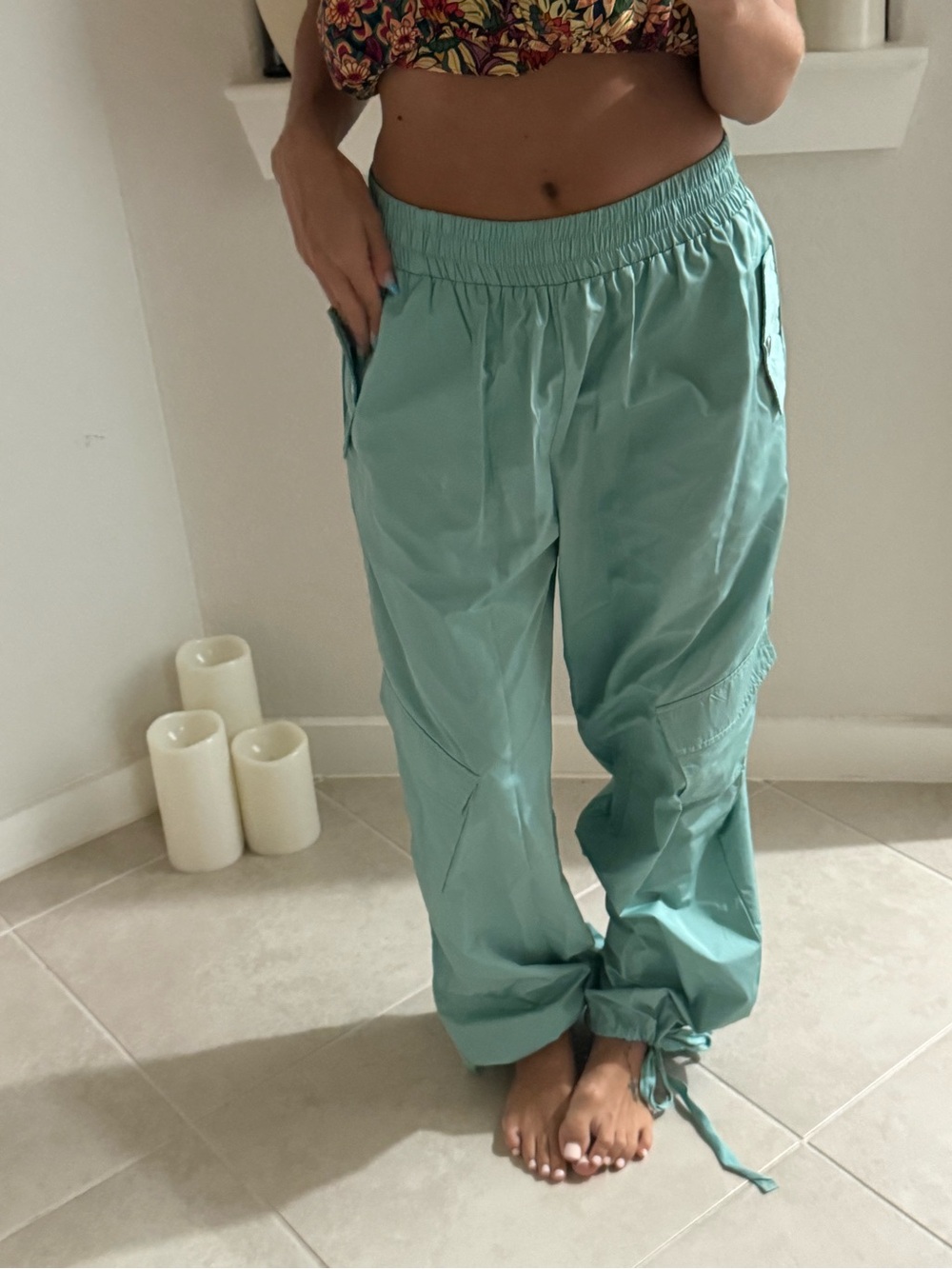 Y2K Drawstring Utility Pants in Turquoise Blhe